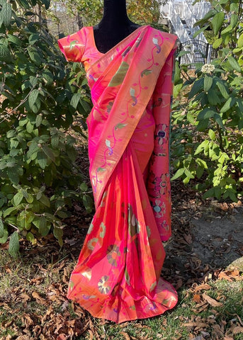 Pre-stitched Peach Paithani Border Saree and Blouse (Set)