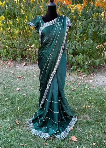 Pre-stitched Green Tissue Organza Cutdana Striped Saree and Blouse (Set)