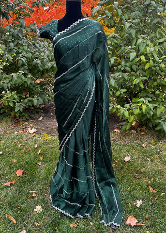 Pre-stitched Green Tissue Organza Cutdana Stripes Embroidered Saree and Blouse (Set)