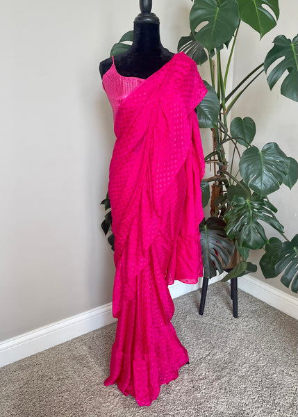 Pre-stitched Pink Polka Dot Ruffle Saree and Sequin Blouse (Set)