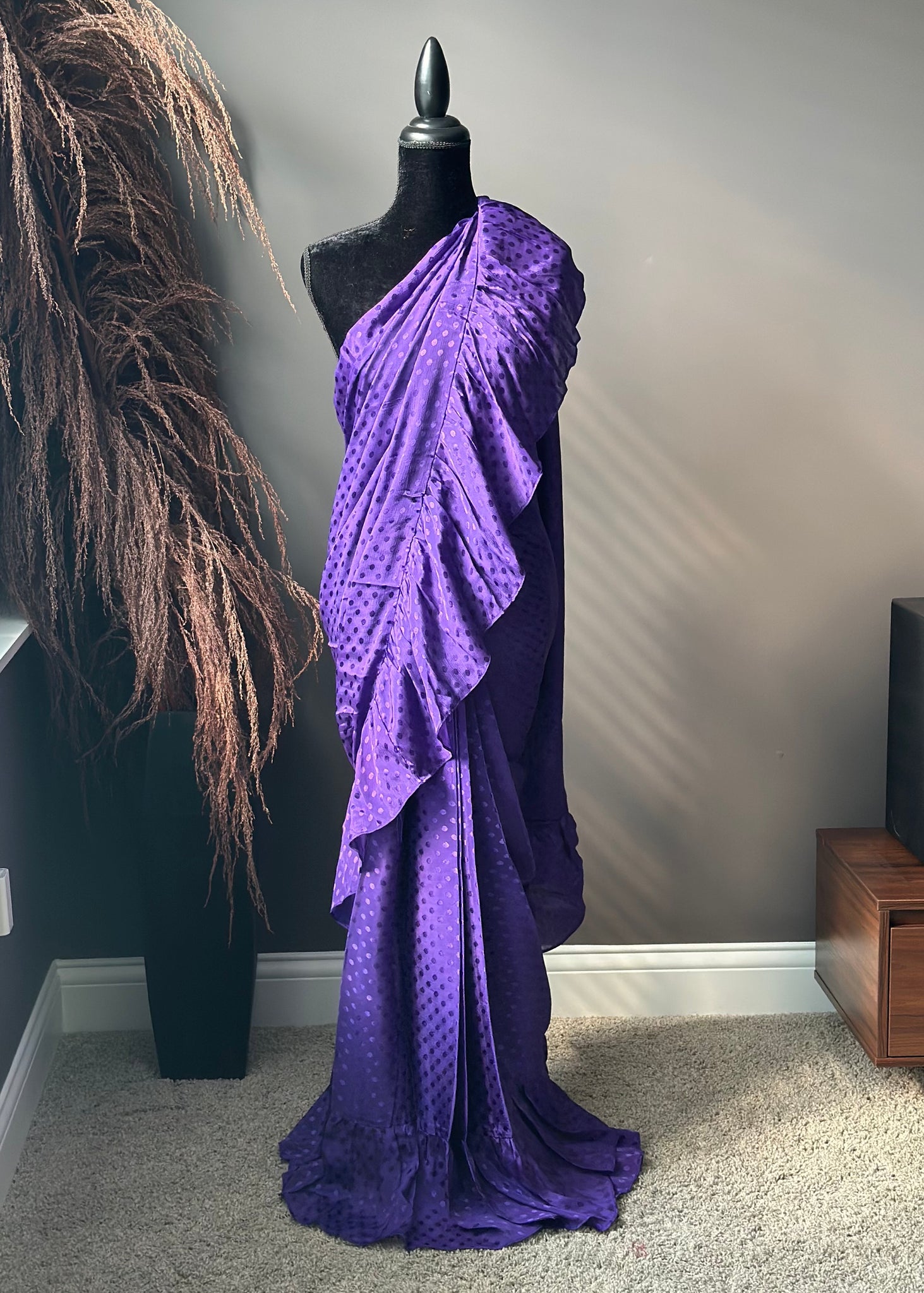 Pre-stitched Purple Polka Dot Ruffle Saree