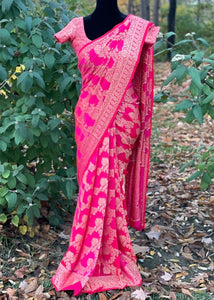 Pre-stitched Pink Georgette Banarasi Silk Saree and Blouse (Set)