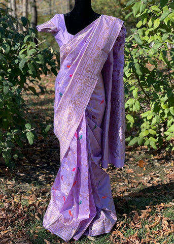 Pre-stitched Lavender Banarasi Silk Jaal Saree and Blouse (Set)