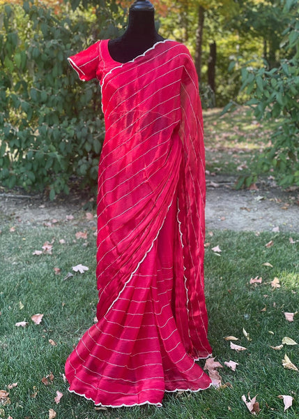 Pre-stitched Red Tissue Organza Polka Dot Cutdana Saree and Blouse (Set)