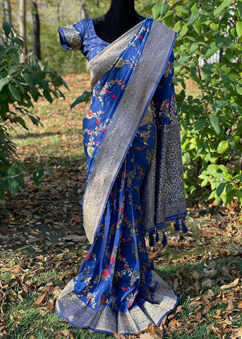 Pre-stitched Navy Blue Banarasi  Silk Meenakari Jaal Saree and Blouse (Set)