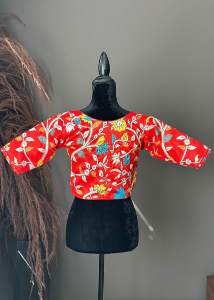 Red Kalamkari Embroidered Raw Silk Blouse