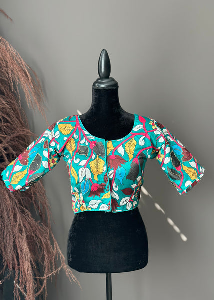 Green Kalamkari Embroidered Raw Silk Blouse