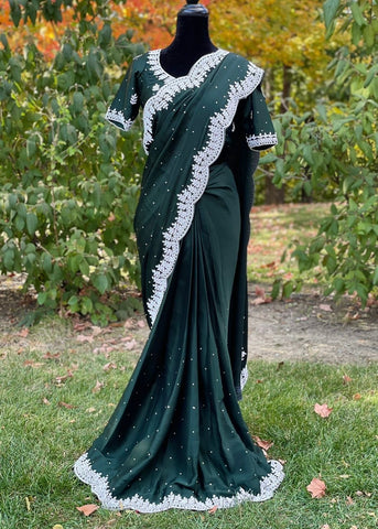 Pre-stitched Green Tissue Organza Cutdana and Pearl Scallop Embroidered Saree and Blouse (Set)