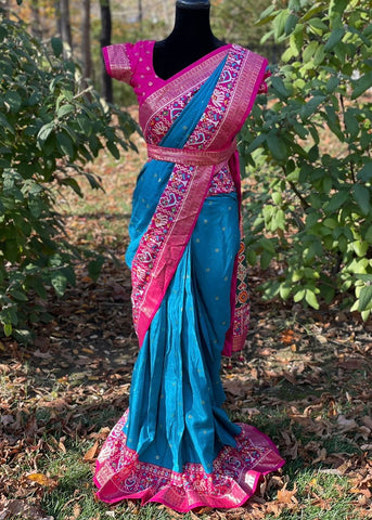Pre-stitched Teal Patola Silk Border Saree and Blouse (Set)