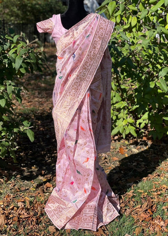 Pre-stitched Pink Banarasi Silk Jaal Saree and Blouse (Set)