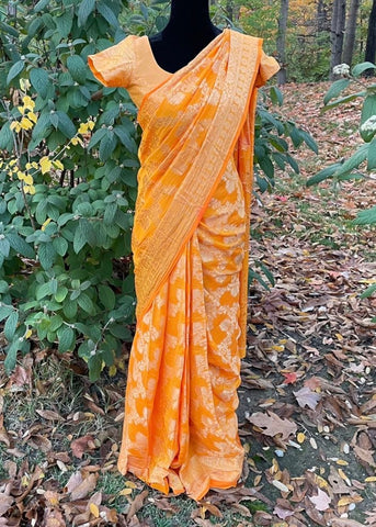 Pre-stitched Marigold Georgette Banarasi Silk Saree and Blouse (Set)