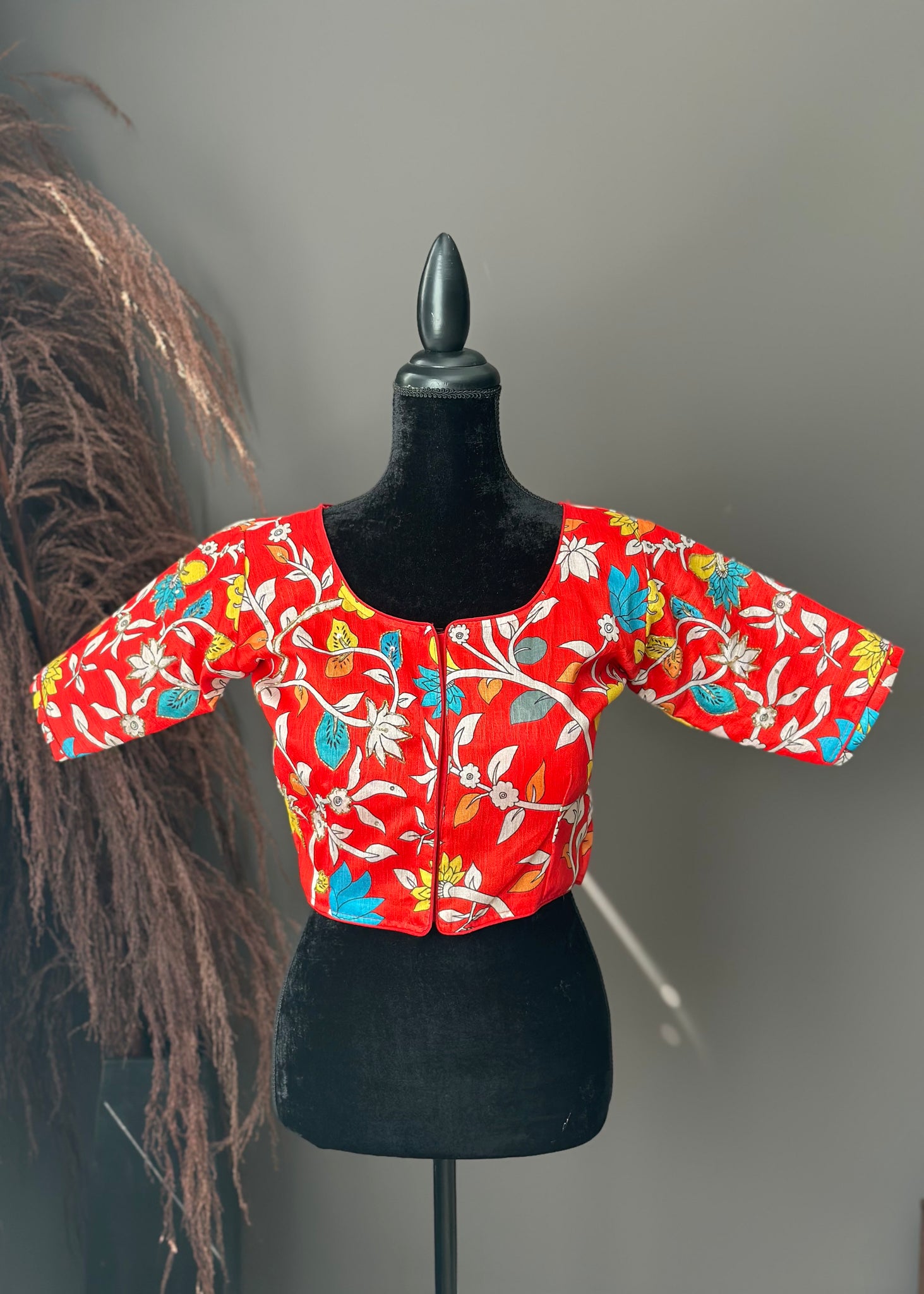 Red Kalamkari Embroidered Raw Silk Blouse