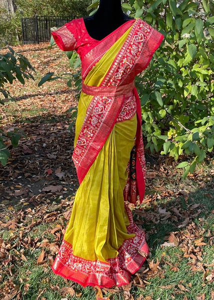 Pre-stitched Lime Green Patola Silk Border Saree and Blouse (Set)