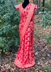 Pre-stitched Red Georgette Banarasi Silk Saree and Blouse (Set)