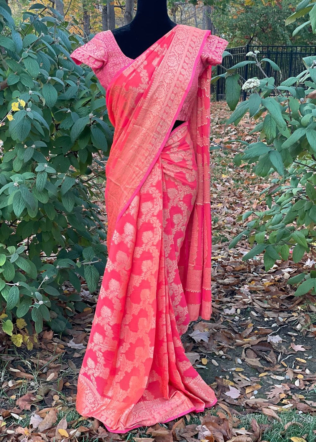 Pre-stitched Peach Georgette Banarasi Silk Saree and Blouse (Set)