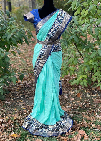 Pre-stitched Blue Patola Silk Border Saree and Blouse (Set)