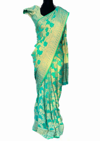 Pre-stitched Green Georgette Banarasi Silk Saree and Blouse (Set)