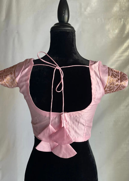 Pre-stitched Pink Banarasi Silk Jaal Saree and Blouse (Set)