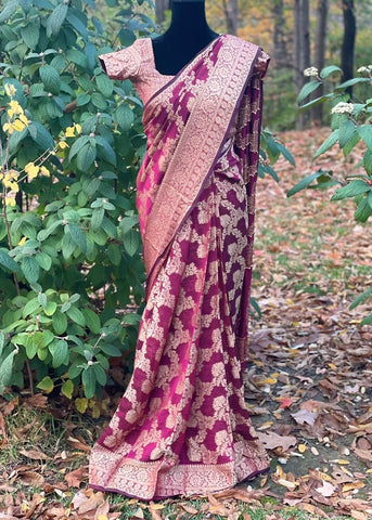 Pre-stitched Maroon Georgette Banarasi Silk Saree and Blouse (Set)