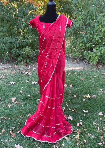 Pre-stitched Red Tissue Organza Cutdana Saree and Blouse (Set)