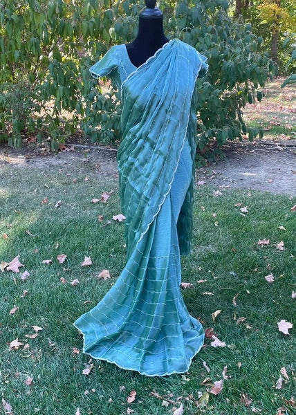 Pre-stitched Green Tissue Organza Cutdana Stripes with Scallop Border Saree and Blouse (Set)