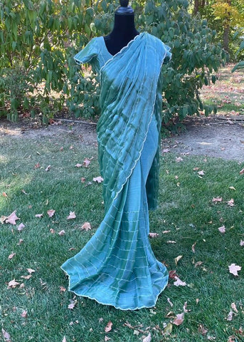 Pre-stitched Green Tissue Organza Cutdana Stripes with Scallop Border Saree and Blouse (Set)