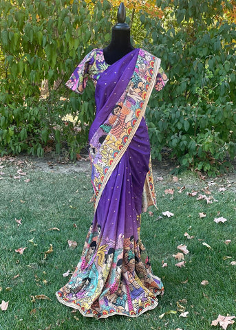 Pre-stitched Purple Kalamkari Saree and Blouse (Set)