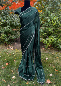 Pre-stitched Green Tissue Organza Cutdana Stripes Embroidered Saree and Blouse (Set)