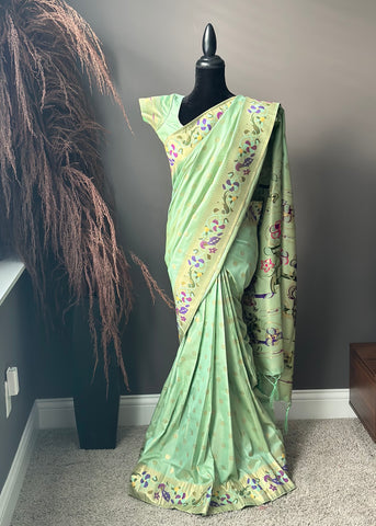 Pre-stitched Green Paithani Saree and Blouse (Set)