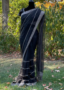 Pre-stitched Black Tissue Organza Cutdana Striped Saree and Blouse (Set)
