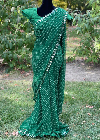 Pre-stitched Green Bandini with Mirror Border Saree and Blouse (Set)