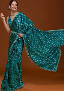 Pre-stitched Teal Bandini Saree, Blouse, and Belt (Set)