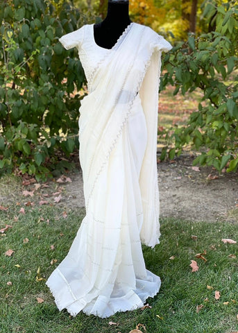Pre-stitched White Tissue Organza with Cutdana Stripes Saree and Blouse (Set)