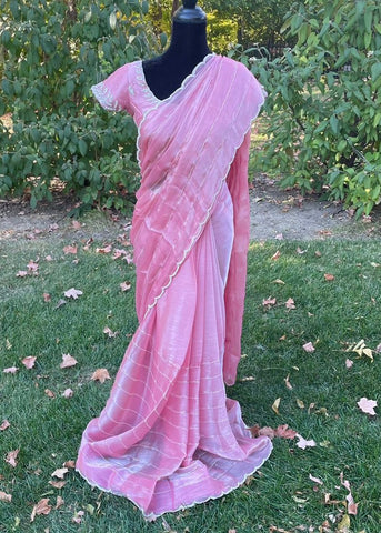 Pre-stitched Pink Tissue Organza Cutdana Stripes with Scallop Border Saree and Blouse (Set)