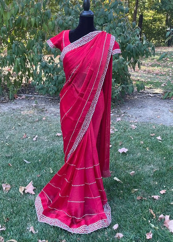 Pre-stitched Red Tissue Organza Cutdana Striped Saree and Blouse (Set)