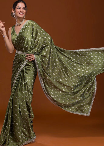 Pre-stitched Green Bandini Saree, Blouse, and Belt (Set) no