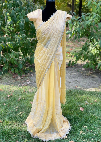 Pre-stitched Yellow Tissue Organza with Cutdana Embroidery Saree and Blouse (Set)
