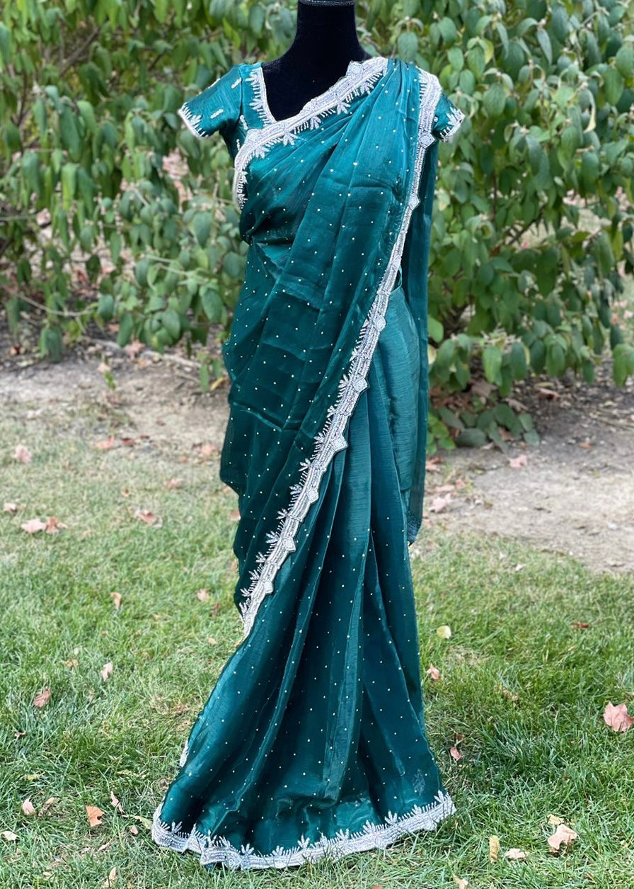 Pre-stitched Teal Tissue Organza Pearl Embroidered Saree and Blouse (Set)