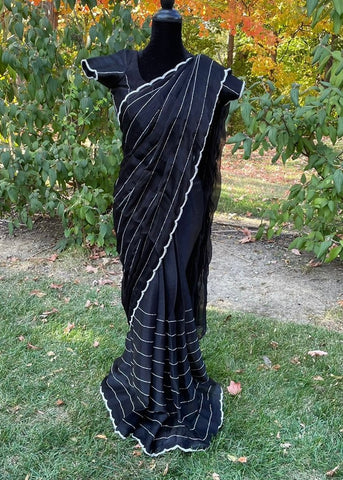 Pre-stitched Black Tissue Organza Cutdana Stripes with Scallop Border Saree and Blouse (Set)