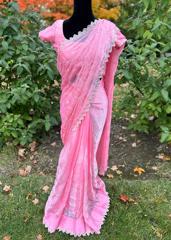 Pre-stitched Pink Tissue Organza Cutdana Scallop Embroidered Saree and Blouse (Set)