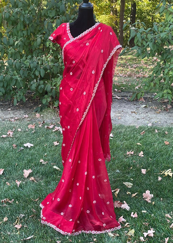 Pre-stitched Red Tissue Organza Cutdana and Pearl Embroidered Saree and Blouse (Set)