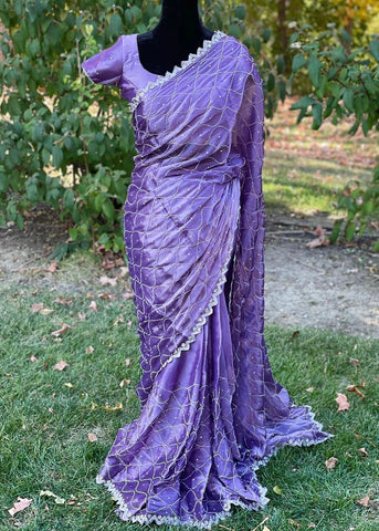 Pre-stitched Purple Tissue Organza with Cutdana Embroidery Saree and Blouse (Set)