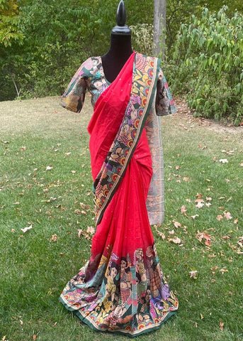 Pre-stitched Red Kalamkari Saree and Blouse (Set)