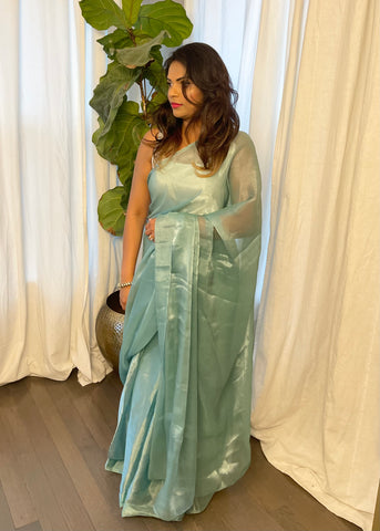 Pre-stitched Turquoise Glass Tissue Saree