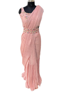 Pre-stitched Pleated Pink Saree, Blouse, and Belt (Set)
