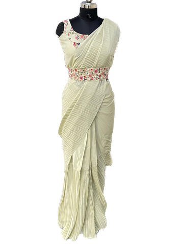 Pre-stitched Pleated Light Green Saree, Blouse, and Belt (Set)