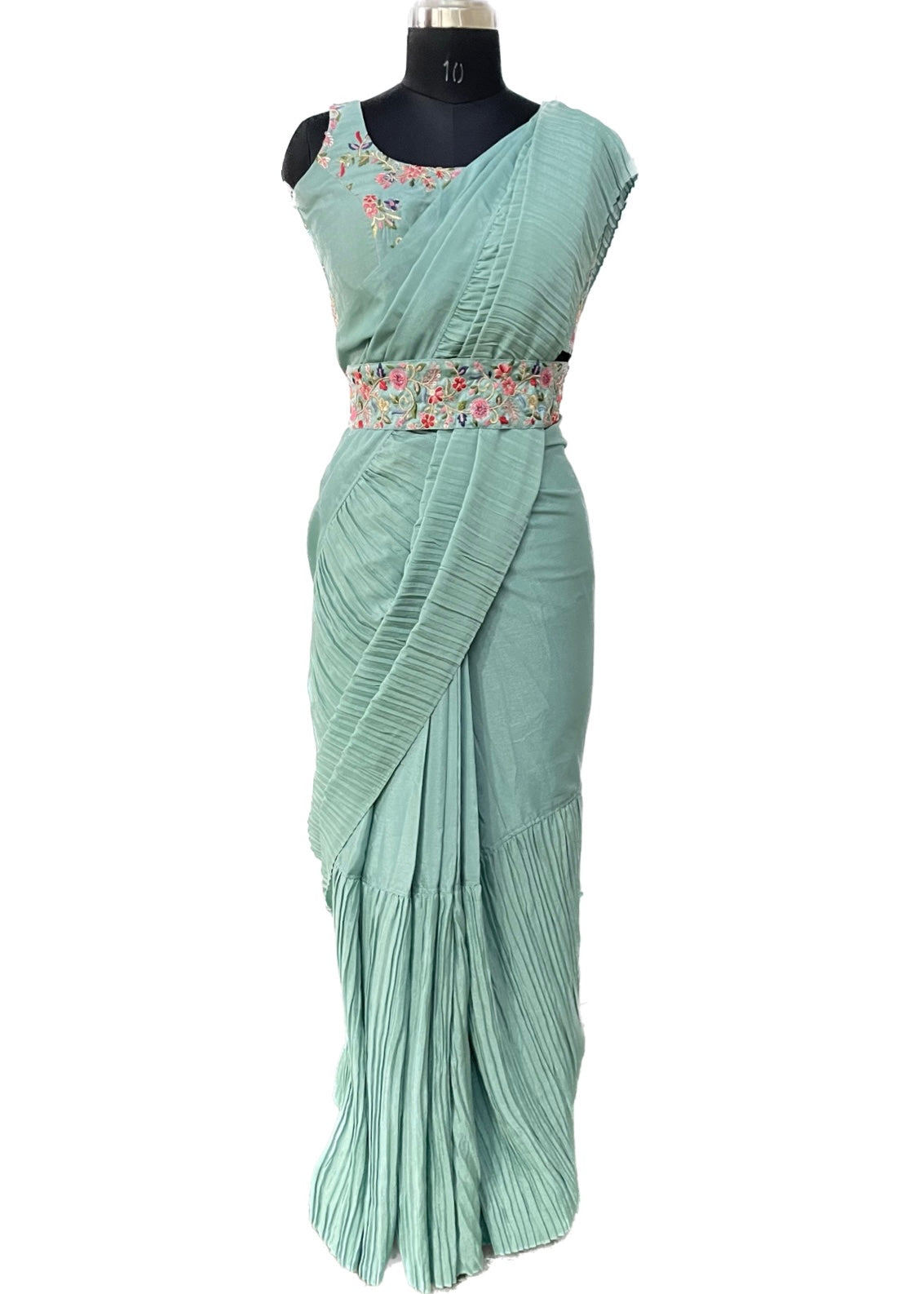 Pre-stitched Pleated Teal Saree, Blouse, and Belt (Set)