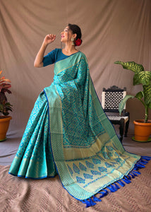 Pre-stitched Blue Patola Silk Saree and Blouse (Set)