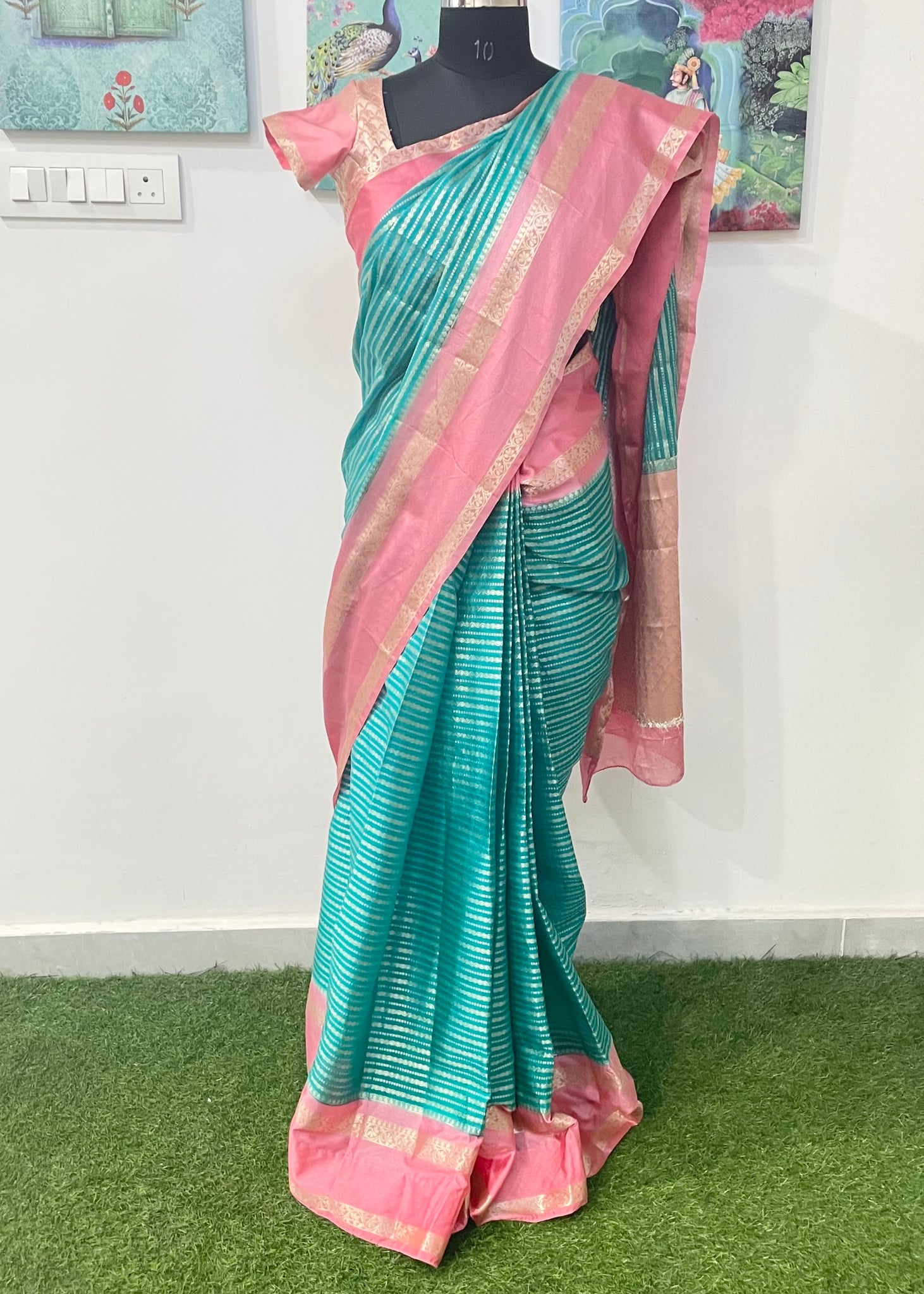 Pre-stitched Turquoise Stripe Silk Saree and Blouse (Set)