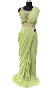 Pre-stitched Pleated Green Saree, Blouse, and Belt (Set)
